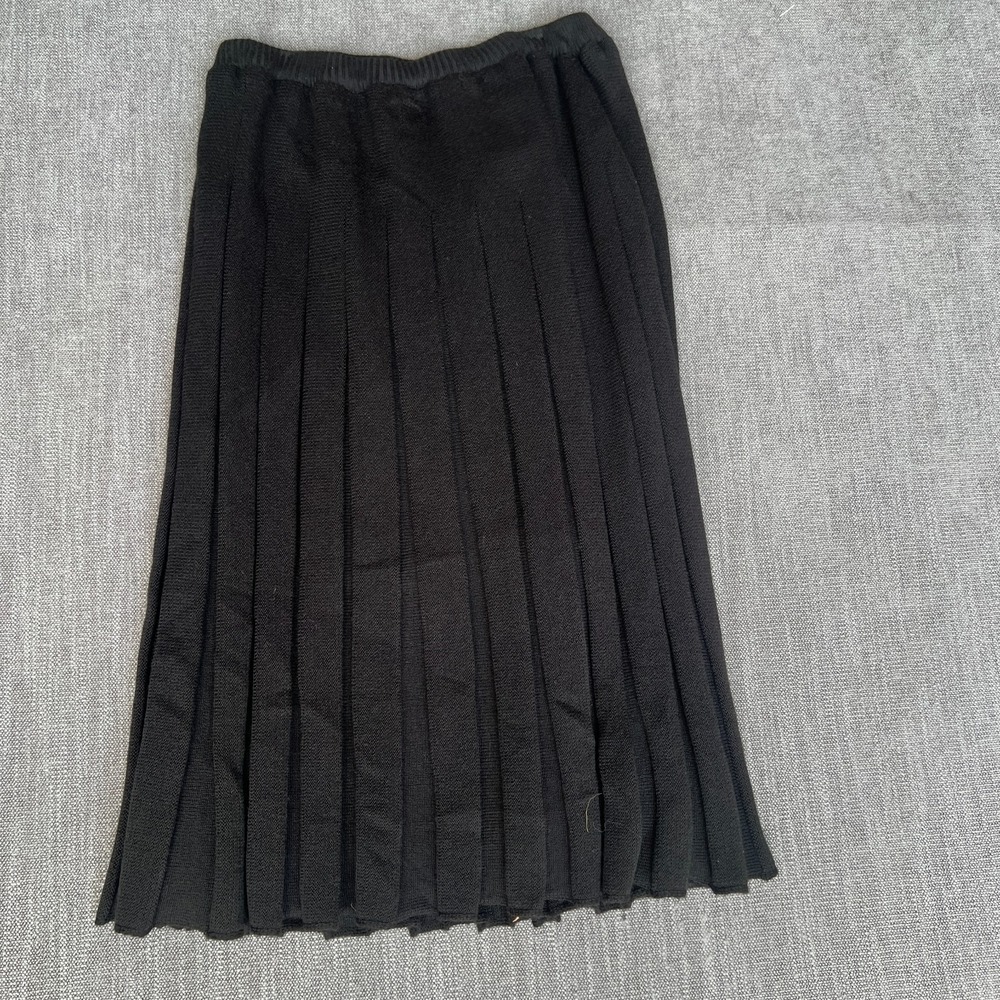 Vtg Tricoville Midi Skirt Womens 22 Black Pleated Wool Blend Knit Elastic Waist